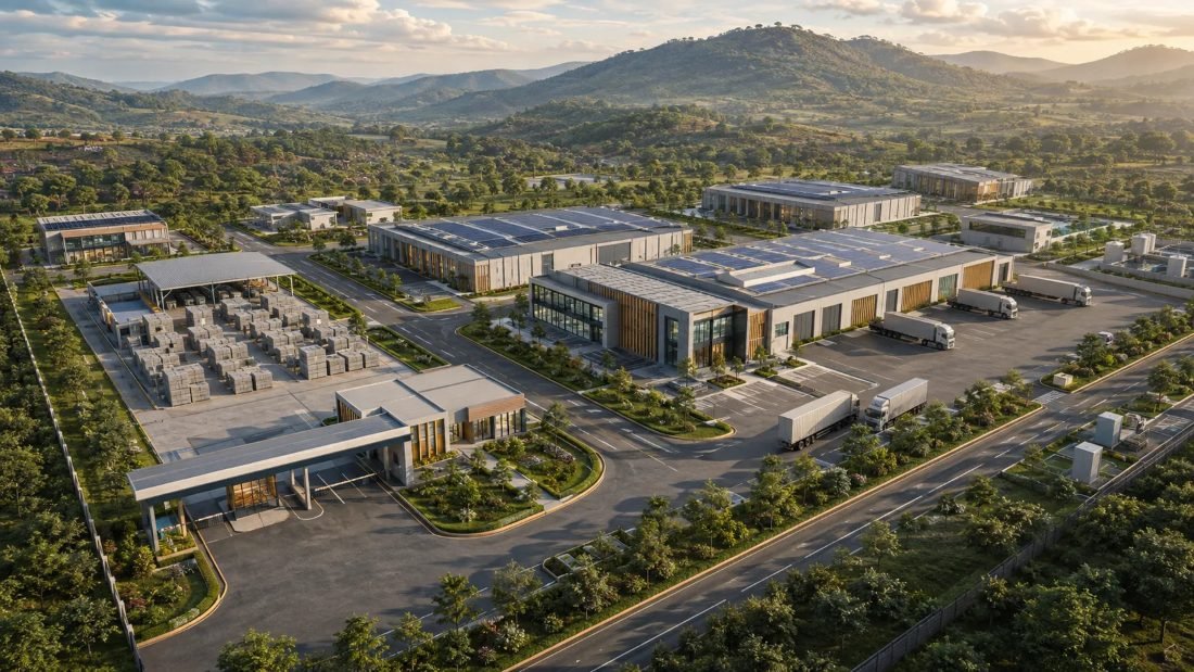 AI-generated concept rendering of a proposed production and logistics campus, showing warehouse buildings with solar roofing, a materials yard, and transport trucks in a landscaped setting